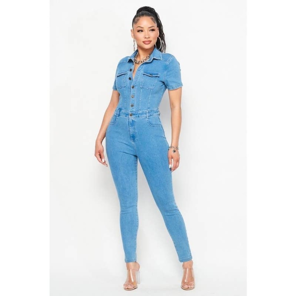 Womens short sleeve Denim Jumpsuit